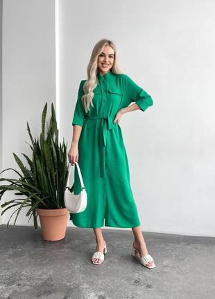 Удлиненное платье-рубашка с тканевым поясом креп жатка зеленый