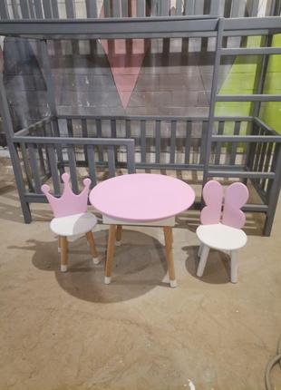 Детский столик круглый и два стула Корона/бабочка Розовый+белы...