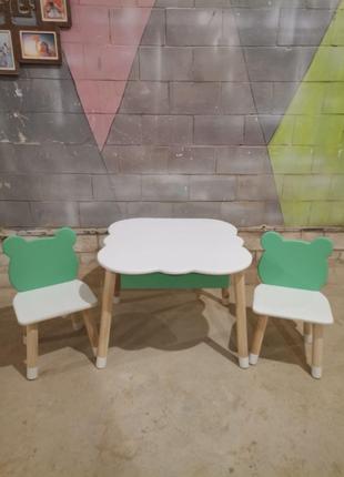 Детский столик облако и два стула Мишки Зелёный + белый МДФ
