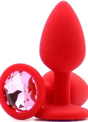 Красная силиконовая анальная пробка с розовым кристаллом, M