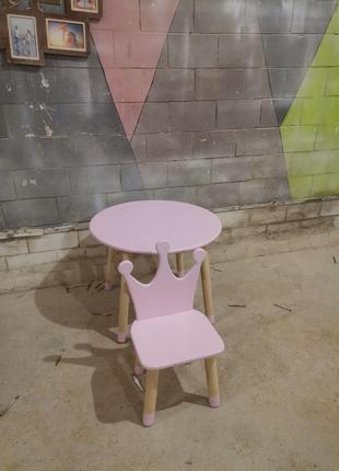 Детский столик круглый и стульчик Корона Розовый + Белый МДФ