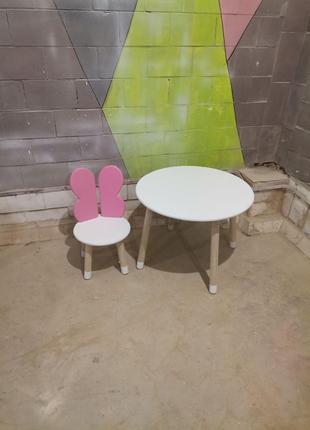 Детский столик круглый и стульчик Бабочка Розовый + Белый МДФ