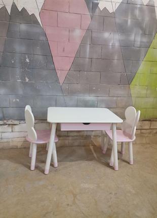 Дитячий столик і два стільчика Метелики Рожевий + білий МДФ