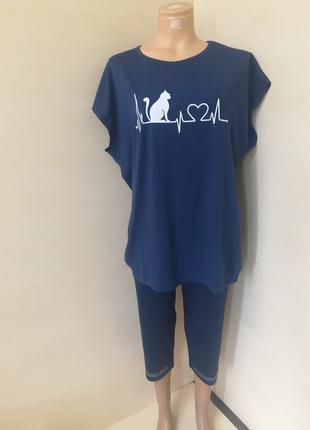 Женская футболка Турция большие размеры синяя кот 54 56 58