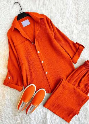 Легкий костюм рубашка+штаны с карманами оранж
