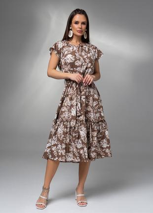 Коричневое цветочное платье с завязкой у горловины, размер S