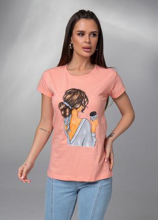 Персиковая хлопковая футболка с ярким рисунком, размер S