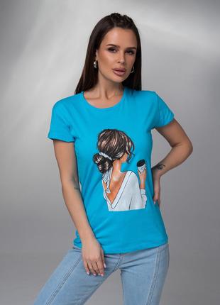 Голубая хлопковая футболка с ярким рисунком, размер S
