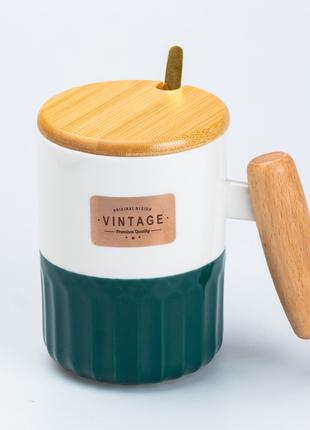 Чашка керамічна з бамбуковою кришкою та ручкою 400 мл Зелена