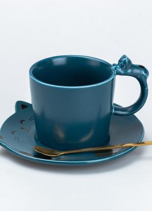 Чашка з блюдцем та ложкою керамічна 250 мл Кошеня Синя