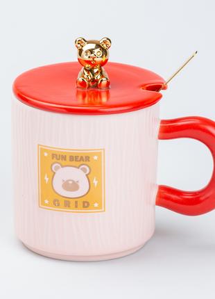 Чашка з кришкою та ложкою 300 мл керамічна Ведмедик Рожева