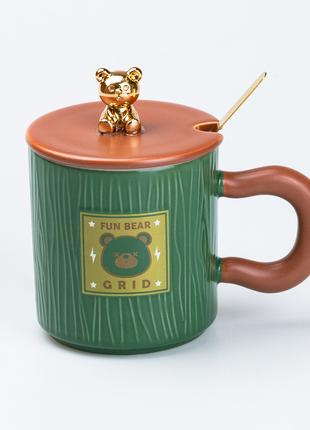 Чашка з кришкою та ложкою 300 мл керамічна Ведмедик Зелена