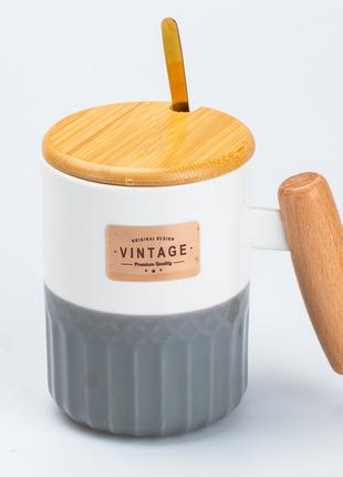 Чашка керамічна з бамбуковою кришкою та ручкою 400 мл Сіра