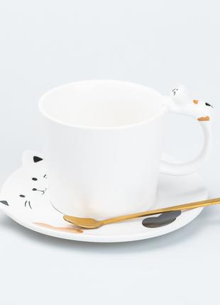 Чашка с блюдцем и ложкой керамическая 250 мл "Котик" Белая