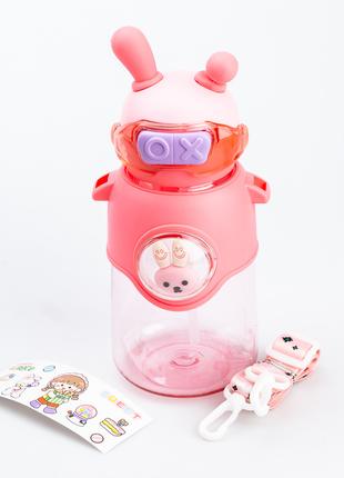 Детская бутылочка для воды с трубочкой с ремешком розовая буты...