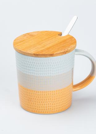 Чашка с бамбуковой крышкой и ложкой керамическая 350 мл Оранжевая