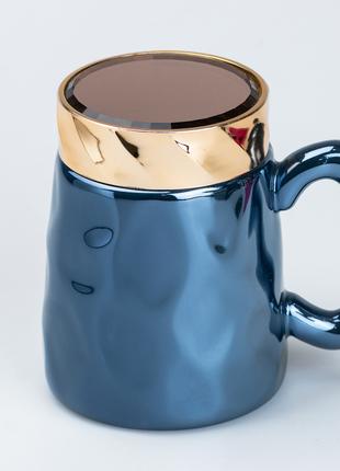 Чашка с крышкой 450 мл керамическая в зеркальной глазури Синяя