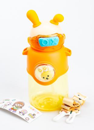 Детская бутылочка для воды с трубочкой с ремешком оранжевая бу...
