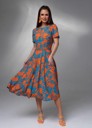 Яркое цветочное платье с короткими рукавами, размер S