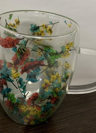 Чашка термостойкая с двойным дном и декором цветы 350 мл
