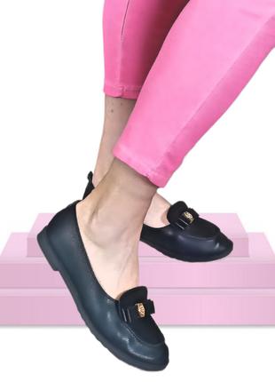 Мокасины туфли женские черные эко кожаные на полную ногу