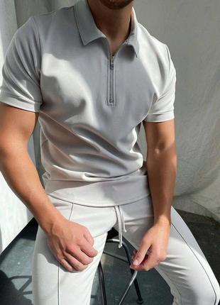 Стильный мужской костюм футболка-поло + штаны серый