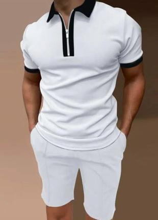 Стильний чоловічий костюм футболка-поло + шорти білий