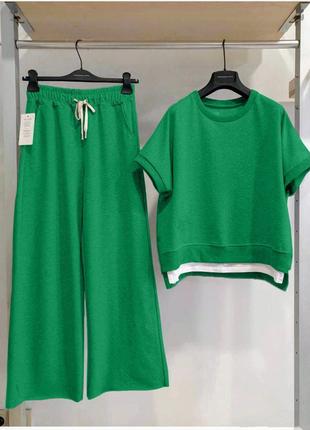 Прогулочный костюм кофта и брюки с карманами зеленый