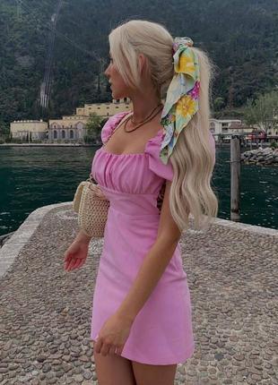 Платье с пышными рукавами + шнуровка на спине розовый