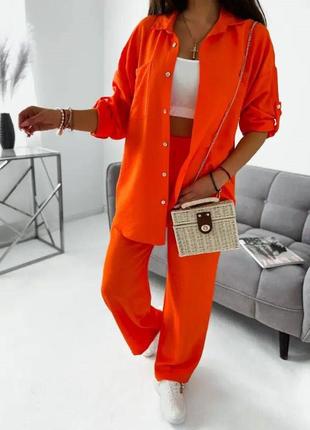 Удобный летний костюм ( прямые свободные брюки+рубашка) оранжевый