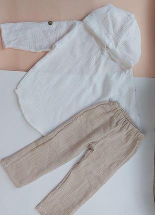 Муслиновий костюм (туника с капюшоном+штани) белий беж