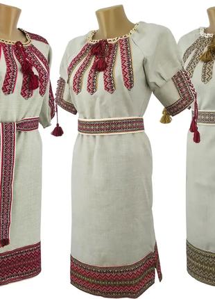 Льняное Платье вышиванка для девочки бежевое р.146 - 164