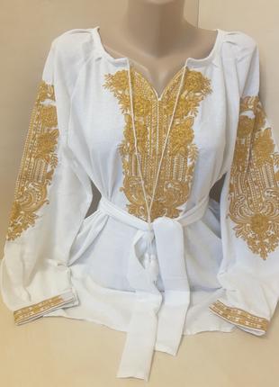 Женская рубашка вышиванка лен белая с поясом Для пары золото F...