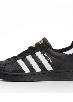 Женские кроссовки Adidas Superstar Classic Black White gold lo...