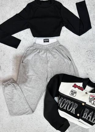 Крутой Костюм: топ + модные брюки черный + серый