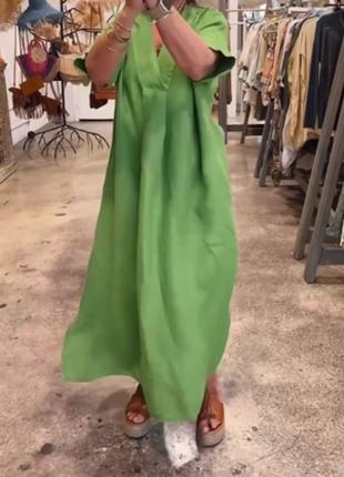 Льняное платье с карманами и боковыми разрезами олива