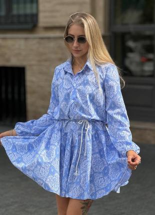 Идеальное мини платье на весну с длинным рукавом голубой