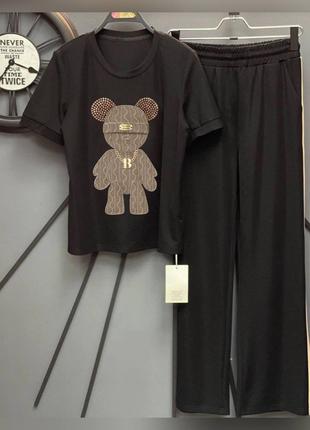 Костюм із ведмедиком Футболка + широкі штани двонитка чорний