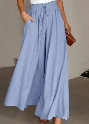 Красивые широкие брюки талия на резинке голубой