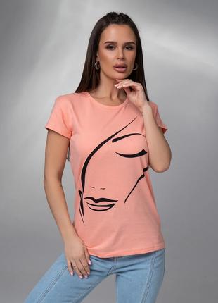 Персиковая хлопковая футболка с силуэтным рисунком, размер M