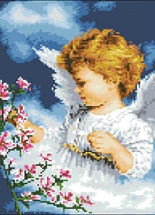 Набір Алмазна мозаїка вишивка Ангелятко з квітами на підрамник...