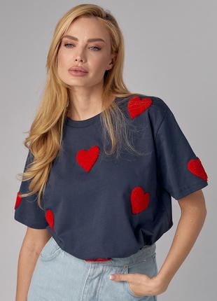 Женская футболка oversize с сердечками - темно-серый цвет, L