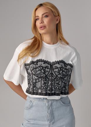 Женская футболка с принтом кружевного корсета - молочный цвет, XL