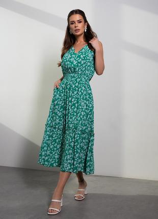 Зеленое цветочное платье с рюшами и воланом, размер S