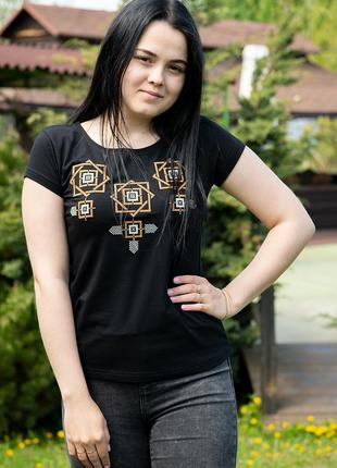 Женская футболка с вышивкой, вышиванка черная с коротким рукавом