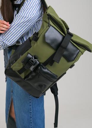 Женский рюкзак Rolltop для ноутбука, роллтоп из экокожи цвет хаки