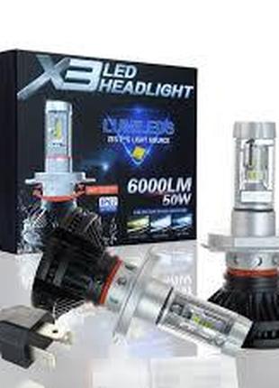 Автомобильные LED лампы X3 H4, лампы для фар, 50Вт, 2шт SH с б...