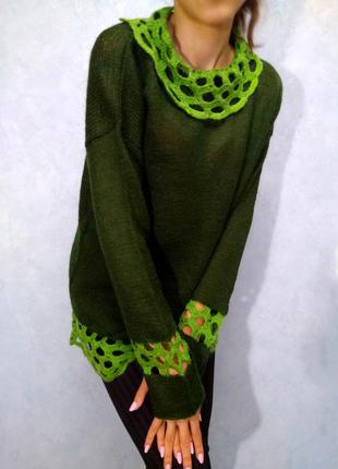 Жіночий вільний зелений в'язаний светр hand made пуловер джемп...