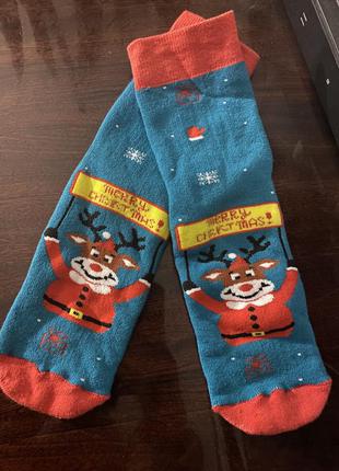 Новогодние рождественские носки тёплые махровые с оленем с дед...