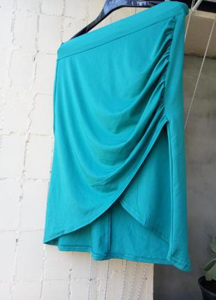 Бирюзовая зеленая голубая юбка карандаш стрейч на запах драпир...